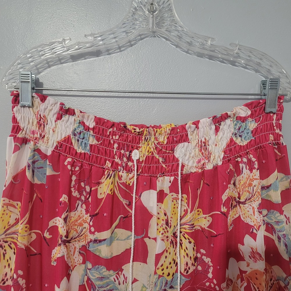 West Loop Wide Leg Pull On Pants Pink Floral XL Smocked Waist Tassel Tropical - Picture 2 of 8